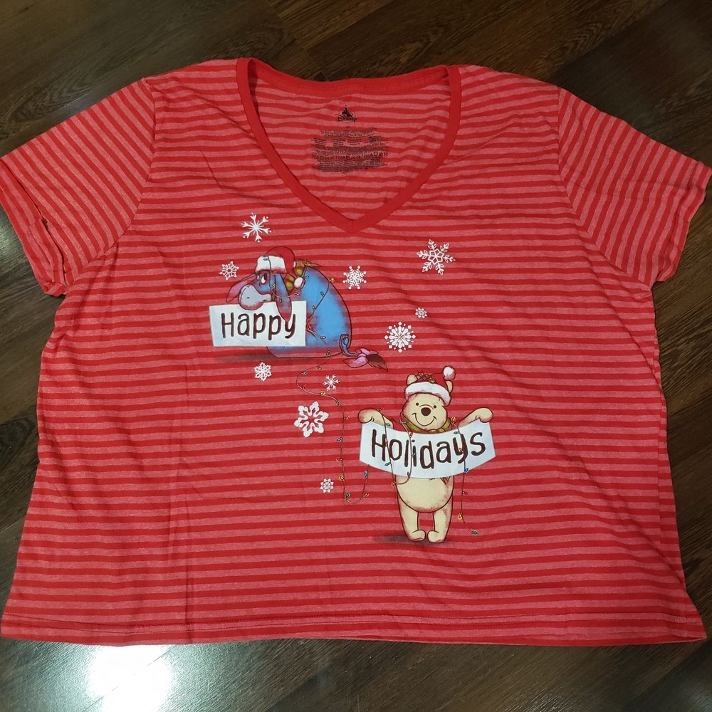 Disney Winnie the Pooh & Eeyore Happy Holidays Striped Shirt Red | Size 4XL